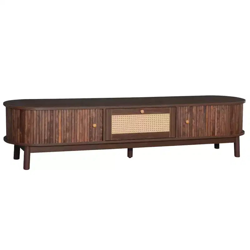 Meuble TV moderne 75 avec tiroir en rotin et portes coulissantes, console multimédia élégante centre de divertissement en bois avec 2 armoires de rangement, brun foncé - HABITRIO