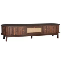 Meuble TV moderne 75 avec tiroir en rotin et portes coulissantes, console multimédia élégante centre de divertissement en bois avec 2 armoires de rangement, brun foncé - HABITRIO