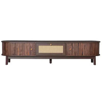 Meuble TV moderne 75 avec tiroir en rotin et portes coulissantes, console multimédia élégante centre de divertissement en bois avec 2 armoires de rangement, brun foncé - HABITRIO
