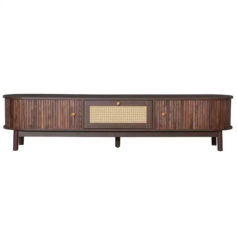 Meuble TV moderne 75 avec tiroir en rotin et portes coulissantes, console multimédia élégante centre de divertissement en bois avec 2 armoires de rangement, brun foncé - HABITRIO