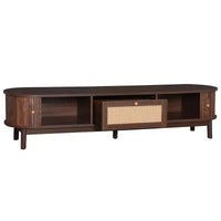 Meuble TV moderne 75 avec tiroir en rotin et portes coulissantes, console multimédia élégante centre de divertissement en bois avec 2 armoires de rangement, brun foncé - HABITRIO