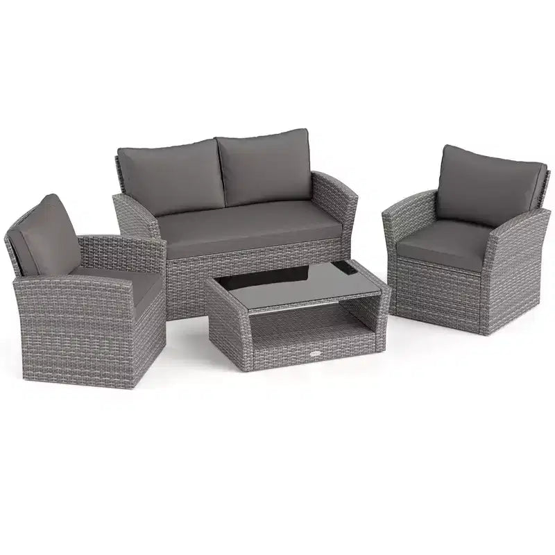 Costway Ensemble de Meubles de Jardin 4 pièces avec 2 Chaises en Rotin, Canapé, Table Basse et Coussins Gris