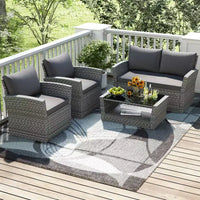 Costway Ensemble de Meubles de Jardin 4 pièces avec 2 Chaises en Rotin, Canapé, Table Basse et Coussins Gris