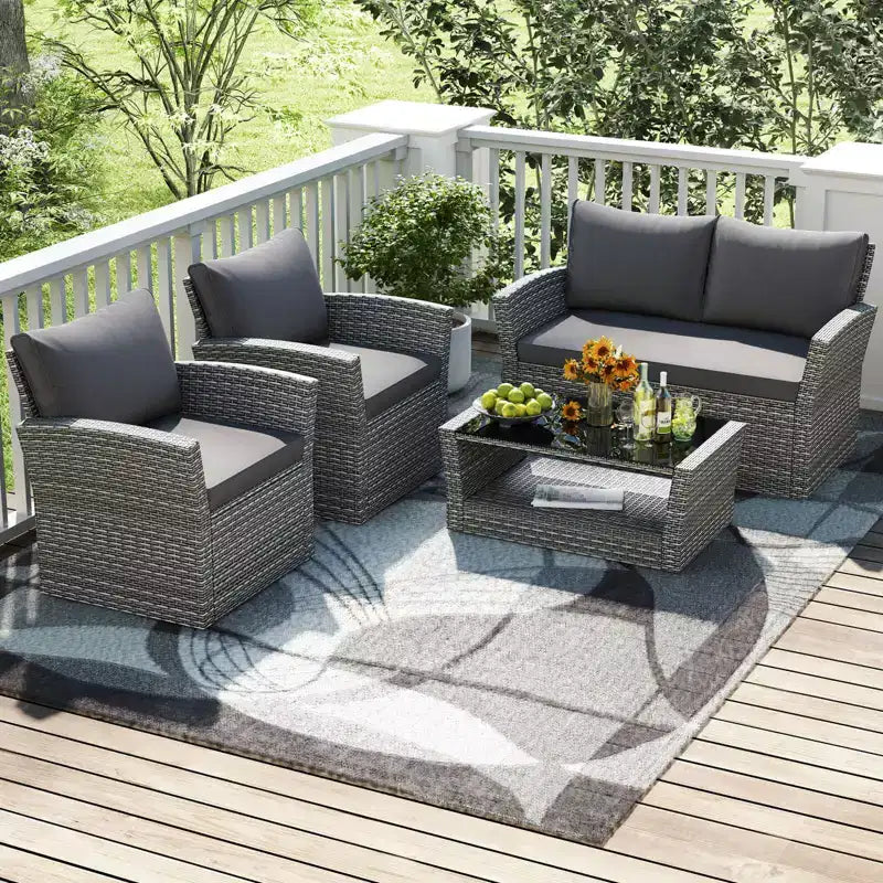 Costway Ensemble de Meubles de Jardin 4 pièces avec 2 Chaises en Rotin, Canapé, Table Basse et Coussins Gris