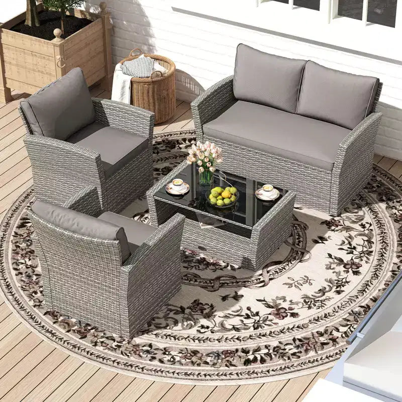 Costway Ensemble de Meubles de Jardin 4 pièces avec 2 Chaises en Rotin, Canapé, Table Basse et Coussins Gris