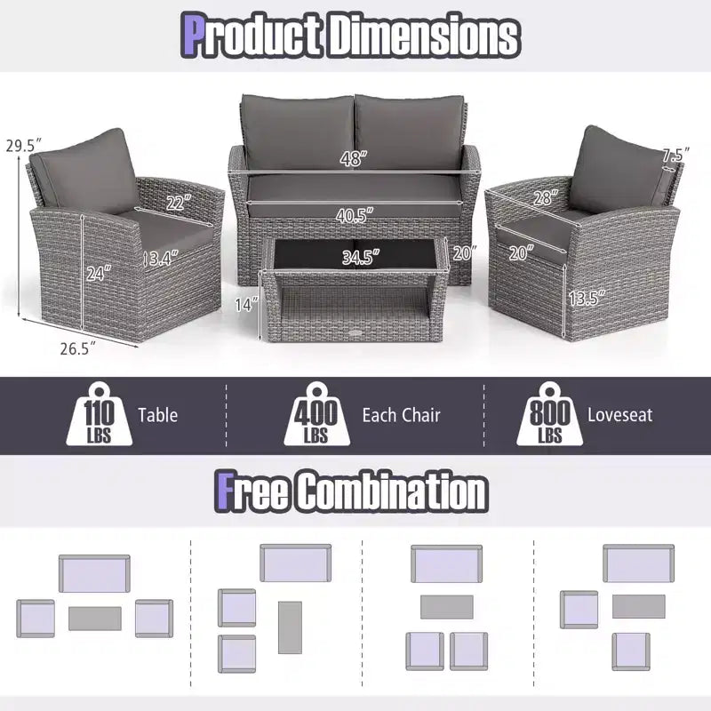 Costway Ensemble de Meubles de Jardin 4 pièces avec 2 Chaises en Rotin, Canapé, Table Basse et Coussins Gris
