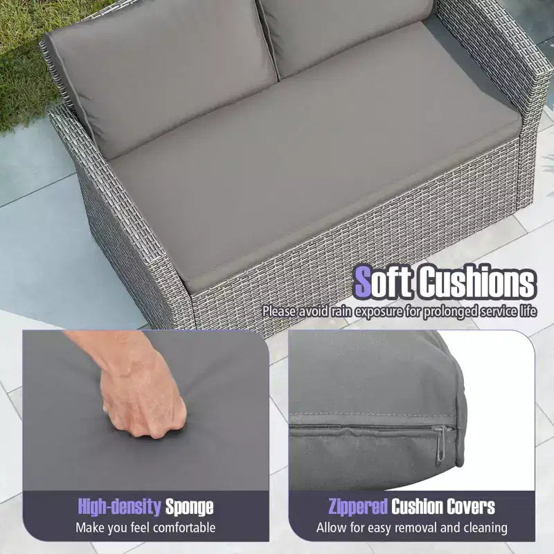 Costway Ensemble de Meubles de Jardin 4 pièces avec 2 Chaises en Rotin, Canapé, Table Basse et Coussins Gris