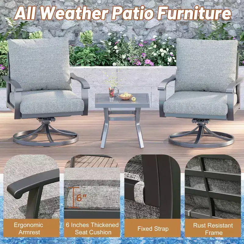 Fauteuils de Patio Pivotants et Basculants EROMMY avec Table Basse, Ensemble Bistro 3 Pièces