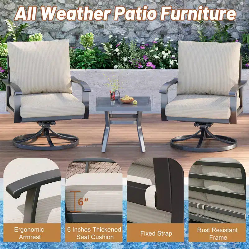 Fauteuils de Patio Pivotants et Basculants EROMMY avec Table Basse, Ensemble Bistro 3 Pièces