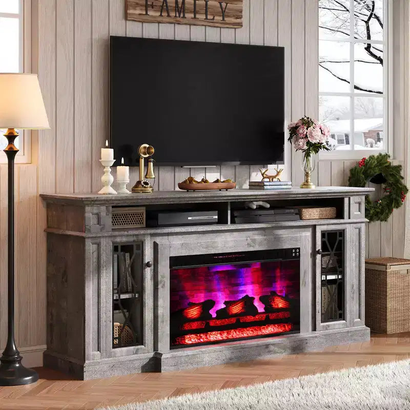 Meuble TV de cheminée rustique AMERLIFE avec cheminée électrique de 33 po, pour téléviseurs jusqu'à 80 po