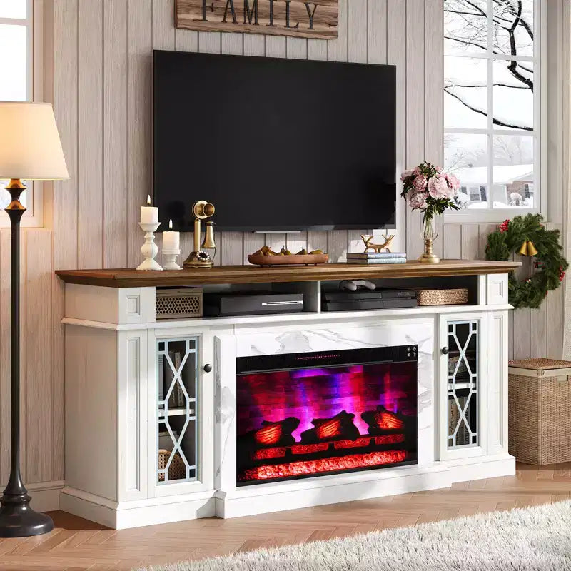 Meuble TV de cheminée rustique AMERLIFE avec cheminée électrique de 33 po, pour téléviseurs jusqu'à 80 po