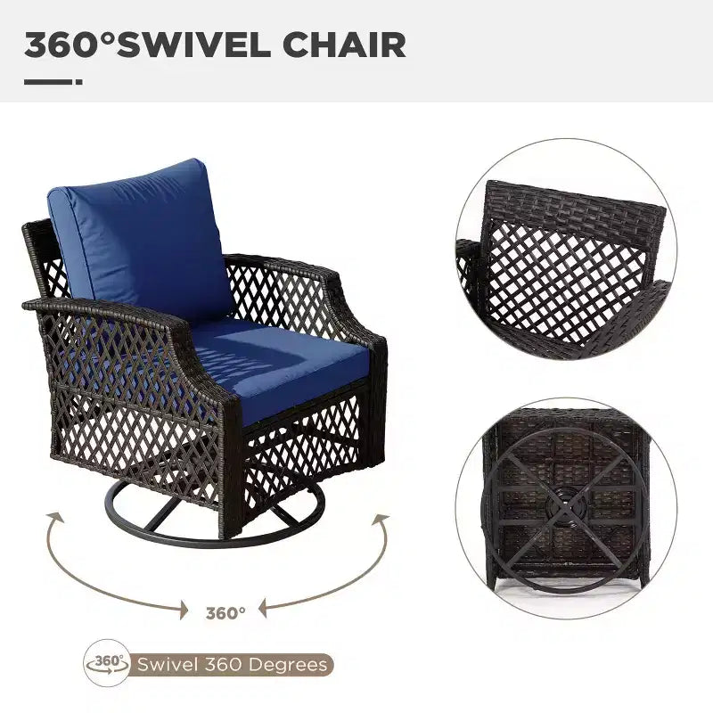 Ensemble de 3 chaises pivotantes d'extérieur EROMMY, ensemble de bistrot de patio en osier avec coussins épais 25D et table basse en verre