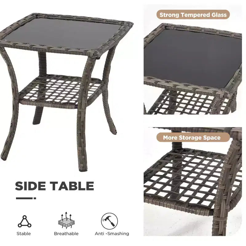 Ensemble de 3 chaises pivotantes d'extérieur EROMMY, ensemble de bistrot de patio en osier avec coussins épais 25D et table basse en verre