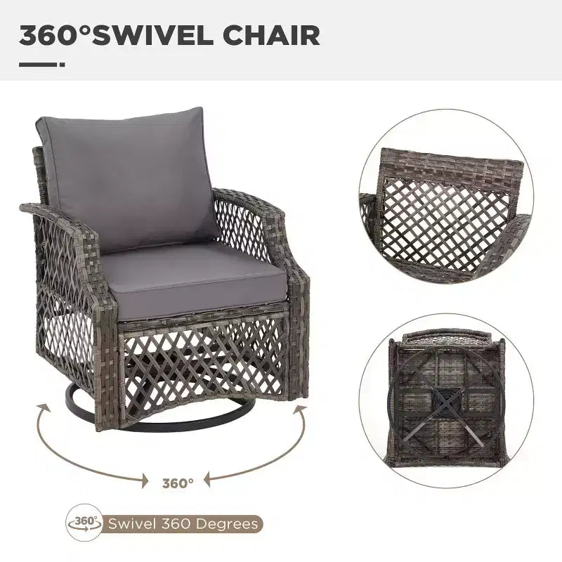Ensemble de 3 chaises pivotantes d'extérieur EROMMY, ensemble de bistrot de patio en osier avec coussins épais 25D et table basse en verre