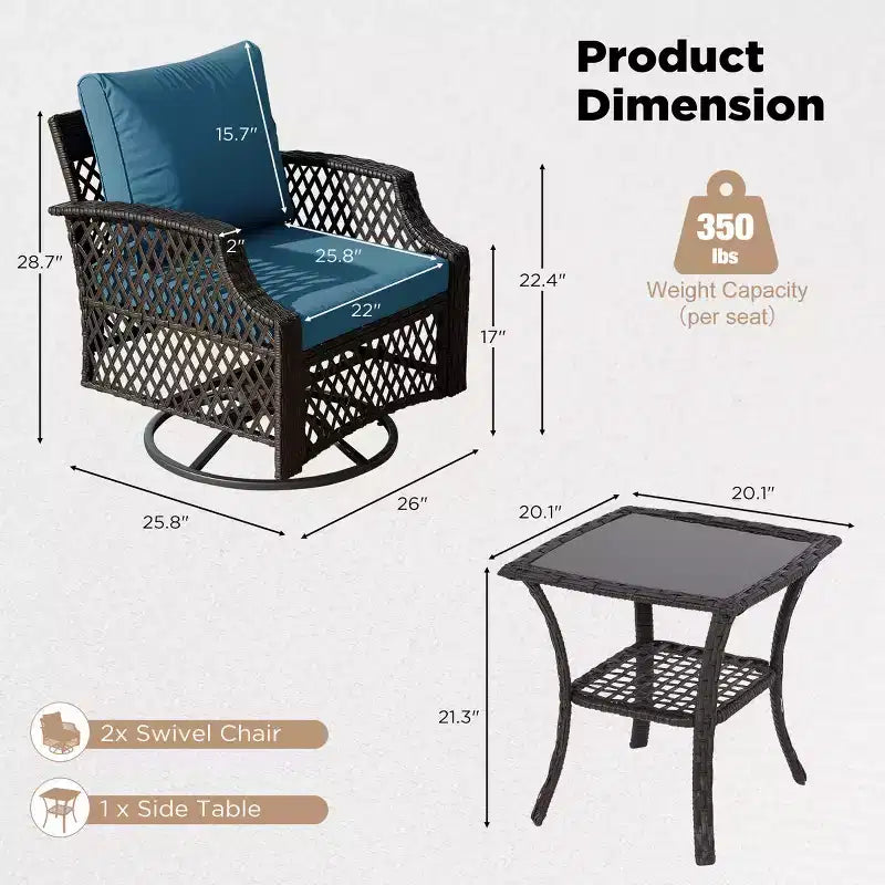 Ensemble de 3 chaises pivotantes d'extérieur EROMMY, ensemble de bistrot de patio en osier avec coussins épais 25D et table basse en verre