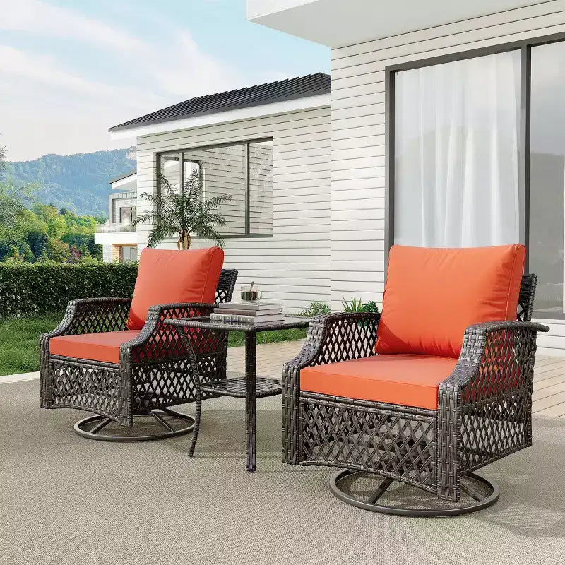 Ensemble de 3 chaises pivotantes d'extérieur EROMMY, ensemble de bistrot de patio en osier avec coussins épais 25D et table basse en verre