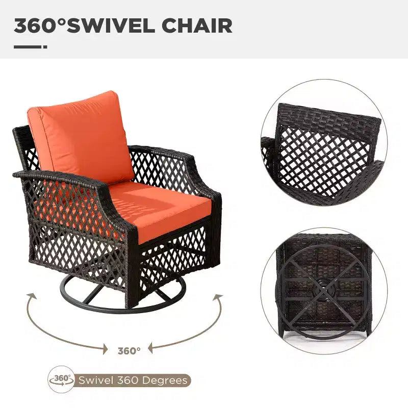 Ensemble de 3 chaises pivotantes d'extérieur EROMMY, ensemble de bistrot de patio en osier avec coussins épais 25D et table basse en verre