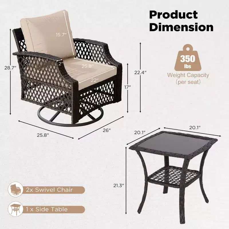 Ensemble de 3 chaises pivotantes d'extérieur EROMMY, ensemble de bistrot de patio en osier avec coussins épais 25D et table basse en verre