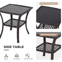 Ensemble de 3 chaises pivotantes d'extérieur EROMMY, ensemble de bistrot de patio en osier avec coussins épais 25D et table basse en verre