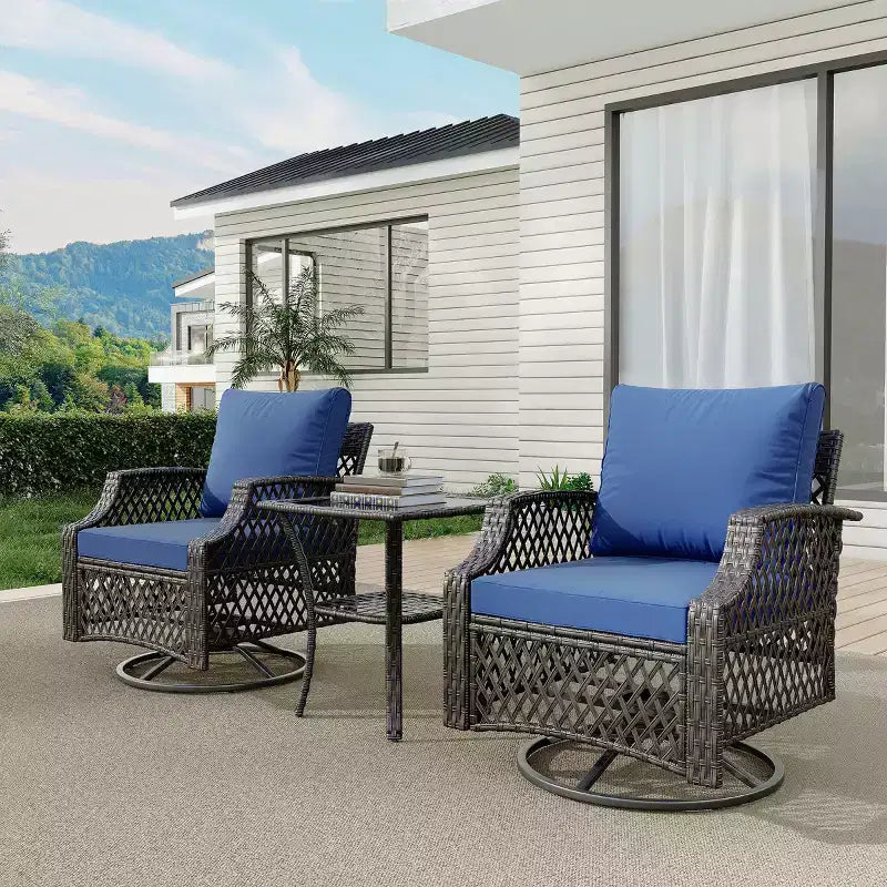 EROMMY 3 Piece Outdoor Swivel Chair Set, Wicker Patio Bistro Set With Thickened 25D Cushions And Glass Coffee Table