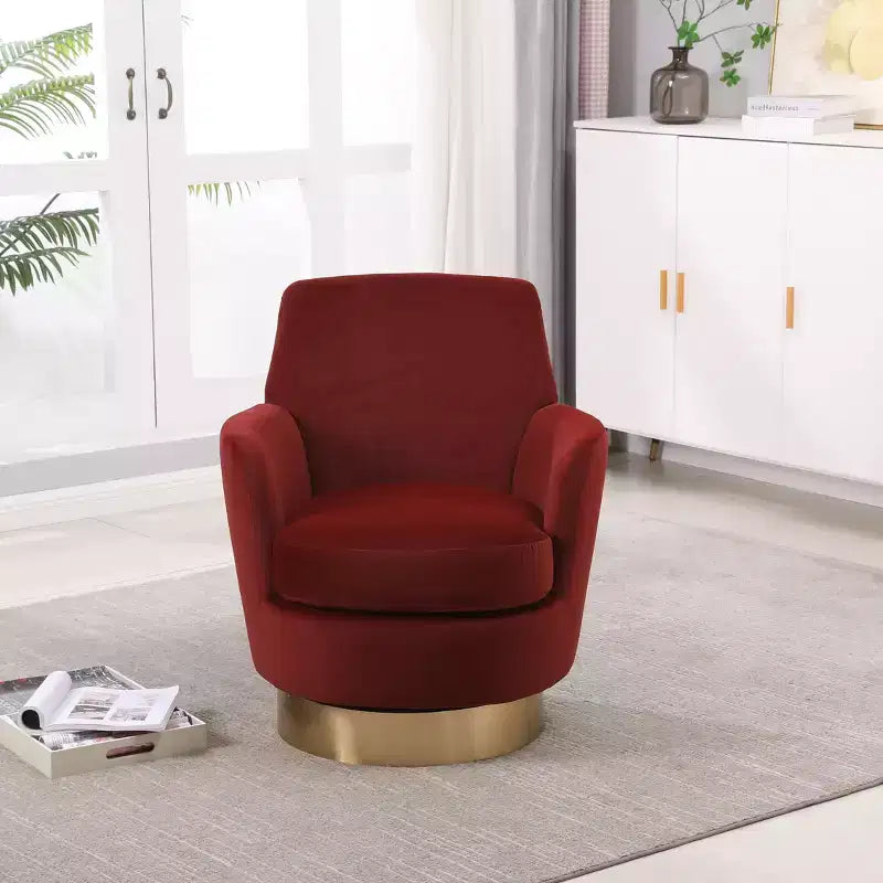 Fauteuil pivotant moderne Okak, fauteuils ronds avec base en acier inoxydable doré, pour salon et chambre