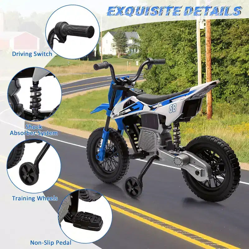 Moto électrique Acekool 12 V pour enfants avec deux moteurs de 25 W, accélérateur tournant, roulettes d'apprentissage et suspension, jouet à enfourcher pour les 3 ans et plus