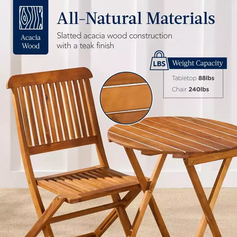 Best Choice Products Ensemble bistrot 3 pièces en bois d'acacia, mobilier de jardin pliant avec 2 chaises, table