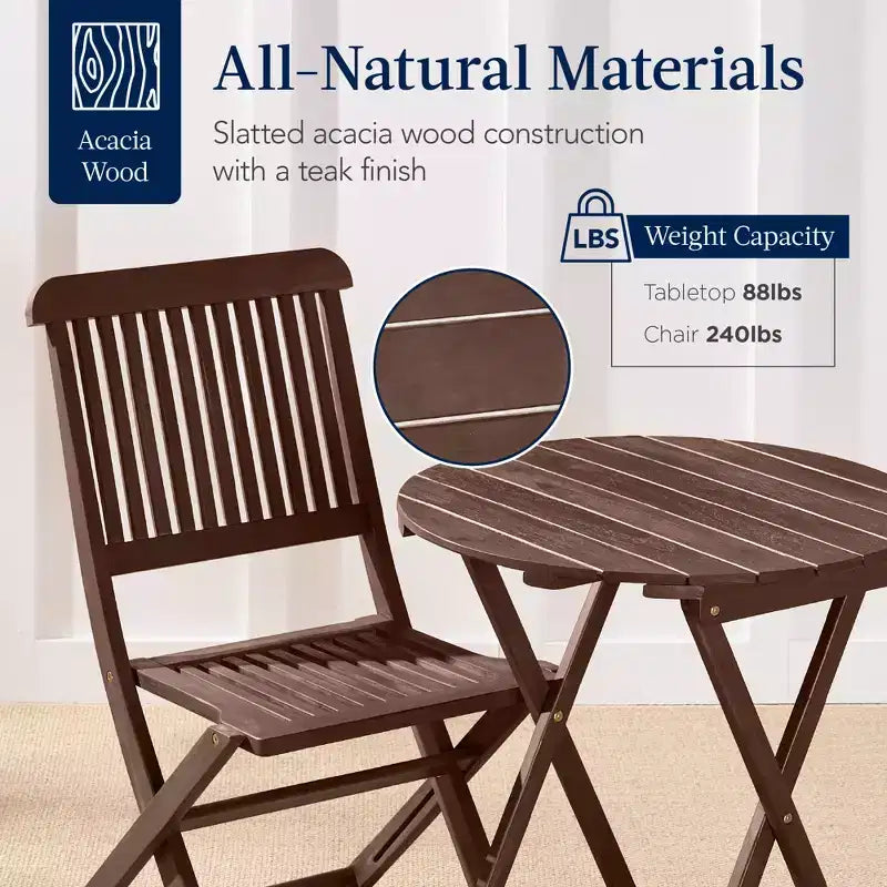 Best Choice Products Ensemble bistrot 3 pièces en bois d'acacia, mobilier de jardin pliant avec 2 chaises, table