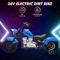 Moto électrique pour jeunes, 36V 350W sans balais tout-terrain à 16.5mph, lecteur de musique, suspension à ressort, feux LED et selle en cuir