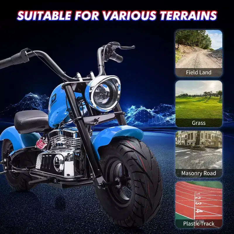 Moto électrique pour jeunes, 36V 350W sans balais tout-terrain à 16.5mph, lecteur de musique, suspension à ressort, feux LED et selle en cuir
