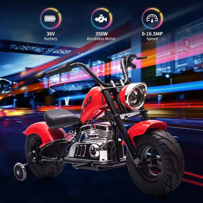 Moto électrique pour jeunes, 36V 350W sans balais tout-terrain avec 26,5 km/h, lecteur de musique, suspension à ressort, lumières LED et siège en cuir