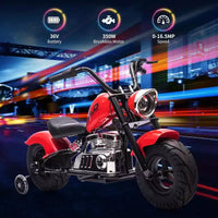 Moto électrique pour jeunes, 36V 350W sans balais tout-terrain à 16.5mph, lecteur de musique, suspension à ressort, feux LED et selle en cuir