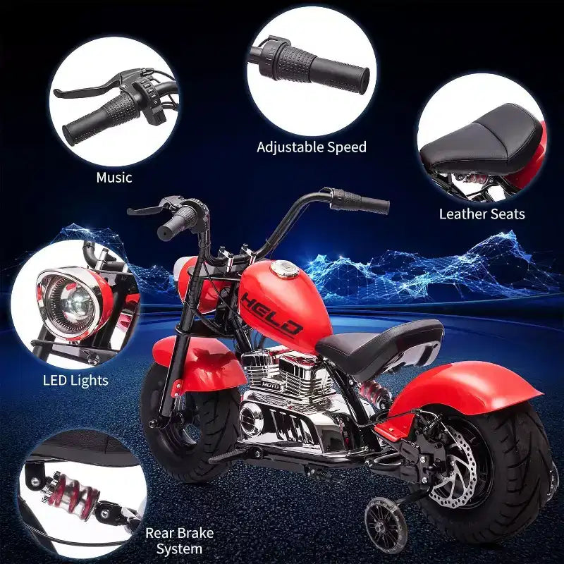 Moto électrique pour jeunes, 36V 350W sans balais tout-terrain à 16.5mph, lecteur de musique, suspension à ressort, feux LED et selle en cuir