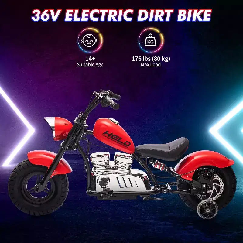 Moto électrique pour jeunes, 36V 350W sans balais tout-terrain avec 26,5 km/h, lecteur de musique, suspension à ressort, lumières LED et siège en cuir