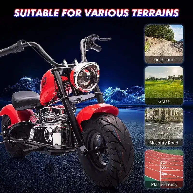 Moto électrique pour jeunes, 36V 350W sans balais tout-terrain à 16.5mph, lecteur de musique, suspension à ressort, feux LED et selle en cuir