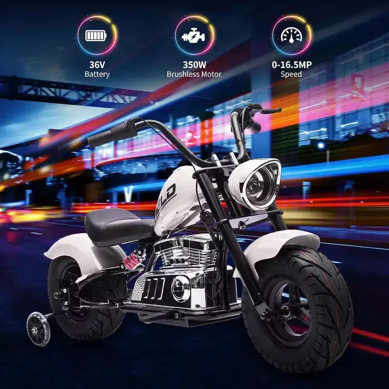 Moto électrique pour jeunes, 36V 350W sans balais tout-terrain à 16.5mph, lecteur de musique, suspension à ressort, feux LED et selle en cuir