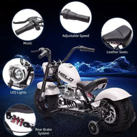 Moto électrique pour jeunes, 36V 350W sans balais tout-terrain à 16.5mph, lecteur de musique, suspension à ressort, feux LED et selle en cuir