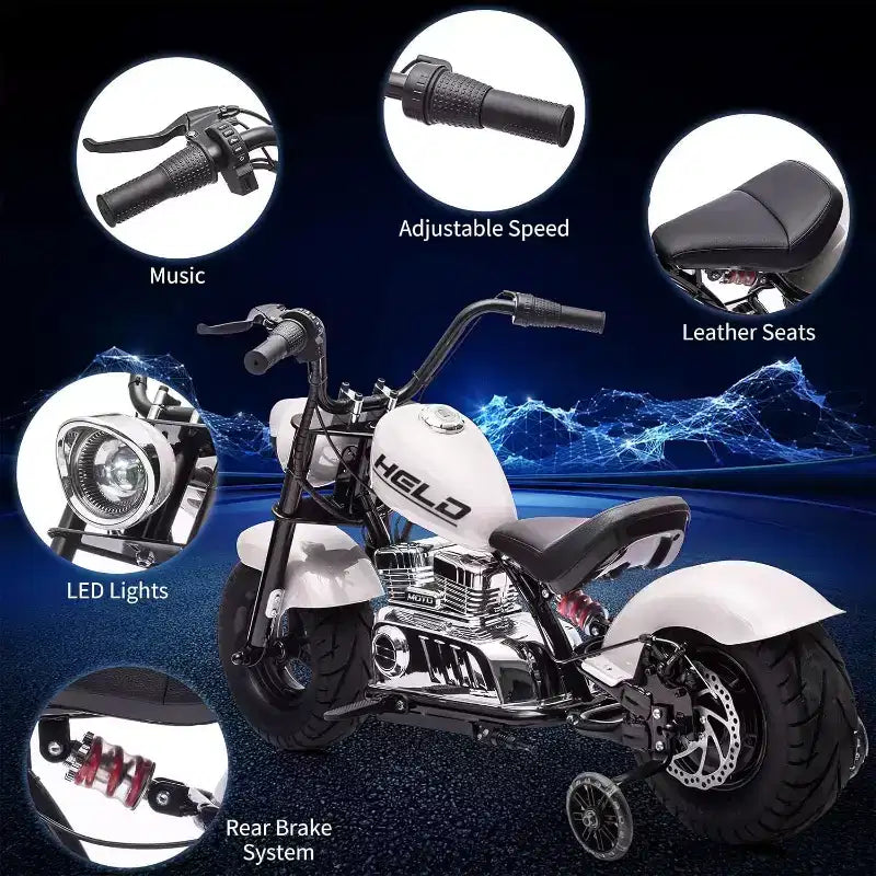 Moto électrique pour jeunes, 36V 350W sans balais tout-terrain à 16.5mph, lecteur de musique, suspension à ressort, feux LED et selle en cuir