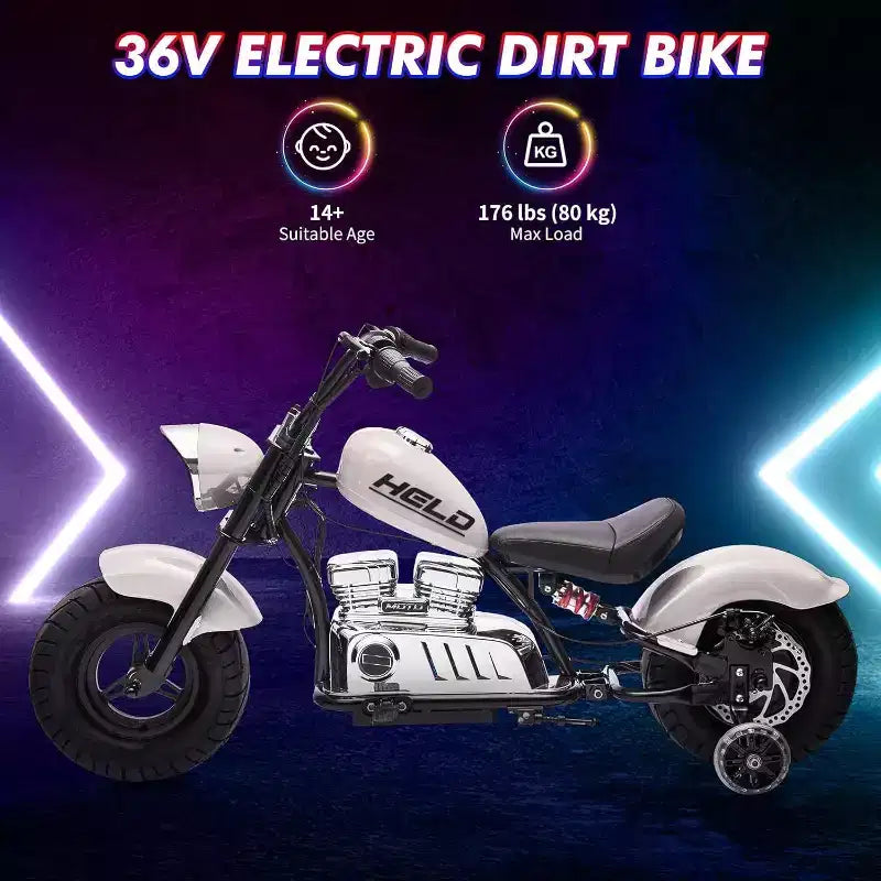 Moto électrique pour jeunes, 36V 350W sans balais tout-terrain avec 26,5 km/h, lecteur de musique, suspension à ressort, lumières LED et siège en cuir