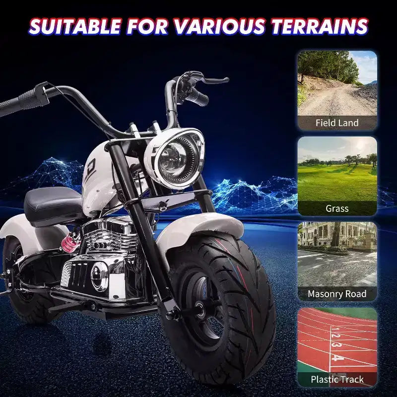 Moto électrique pour jeunes, 36V 350W sans balais tout-terrain à 16.5mph, lecteur de musique, suspension à ressort, feux LED et selle en cuir