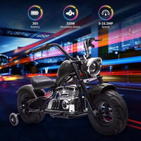 Moto électrique pour jeunes, 36V 350W sans balais tout-terrain à 16.5mph, lecteur de musique, suspension à ressort, feux LED et selle en cuir