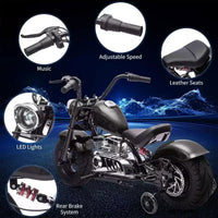 Moto électrique pour jeunes, 36V 350W sans balais tout-terrain à 16.5mph, lecteur de musique, suspension à ressort, feux LED et selle en cuir