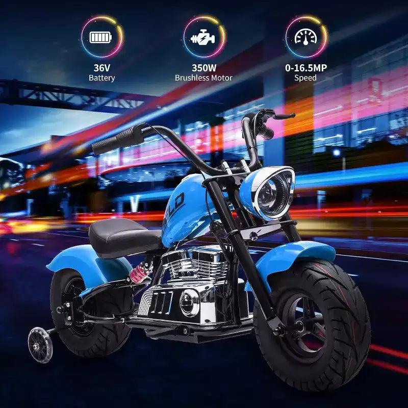 Moto électrique pour jeunes, 36V 350W sans balais tout-terrain avec 26,5 km/h, lecteur de musique, suspension à ressort, lumières LED et siège en cuir