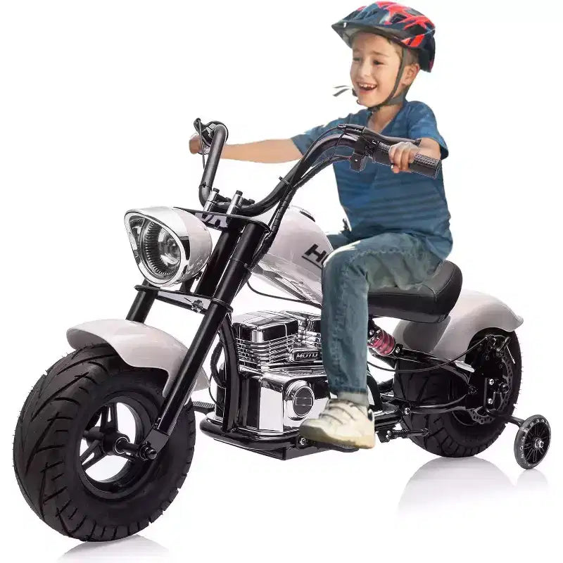 Moto électrique pour jeunes, 36V 350W sans balais tout-terrain à 16.5mph, lecteur de musique, suspension à ressort, feux LED et selle en cuir