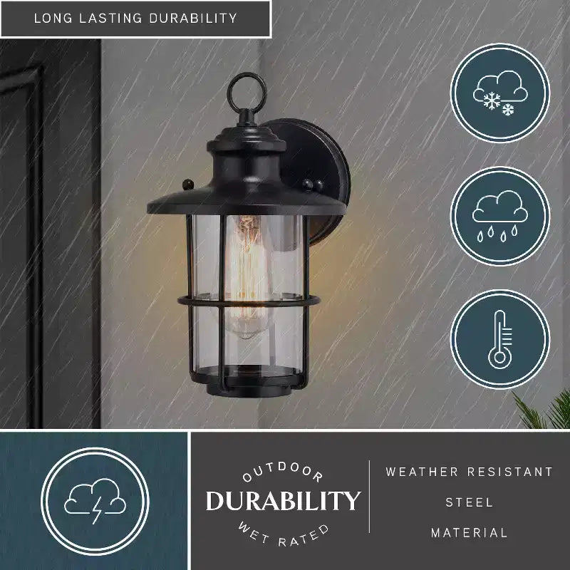 VAXCEL Lake Shore Acier 1 Lumière LED Compatible Noir Lanterne Murale Extérieure Côtier Verre Clair