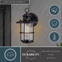 VAXCEL Lake Shore Acier 1 Lumière LED Compatible Noir Lanterne Murale Extérieure Côtier Verre Clair