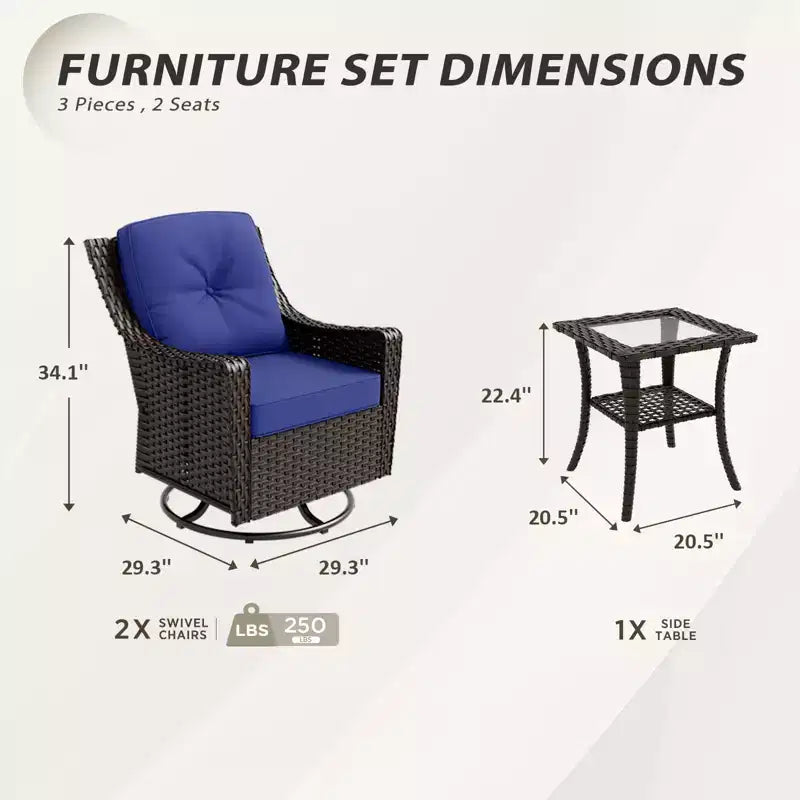 EAGLE PEAK Ensemble de bistrot d'extérieur 3 pièces en osier Azure Bay, chaises pivotantes et basculantes de patio avec table d'appoint