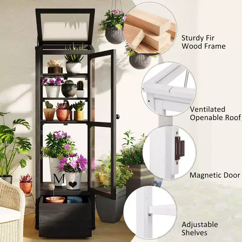 Serre de jardin en bois avec châssis froid portable, rangement mobile et étagères réglables, utilisation intérieure/extérieure