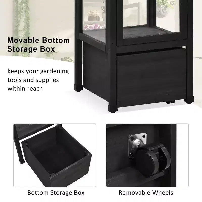 Serre de jardin en bois avec châssis froid portable, rangement mobile et étagères réglables, utilisation intérieure/extérieure