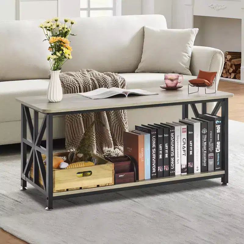 VEVOR 40 Table basse de ferme, table basse rectangulaire avec compartiment de rangement ouvert, table de cocktail rustique en bois, brun et noir